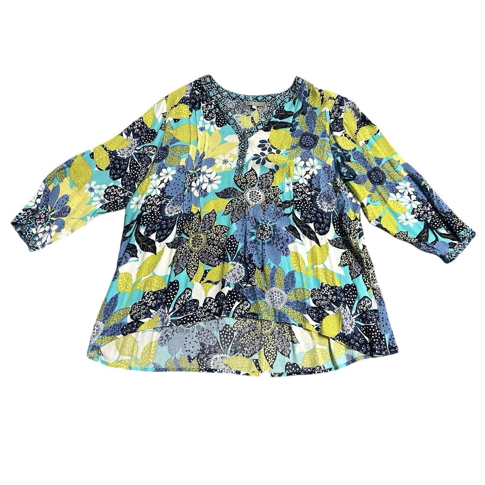 Habitat Floral Popover Tunic High Low Hem Women's XL Artsy 3/4 Sleeve Vacation - Picture 1 of 13